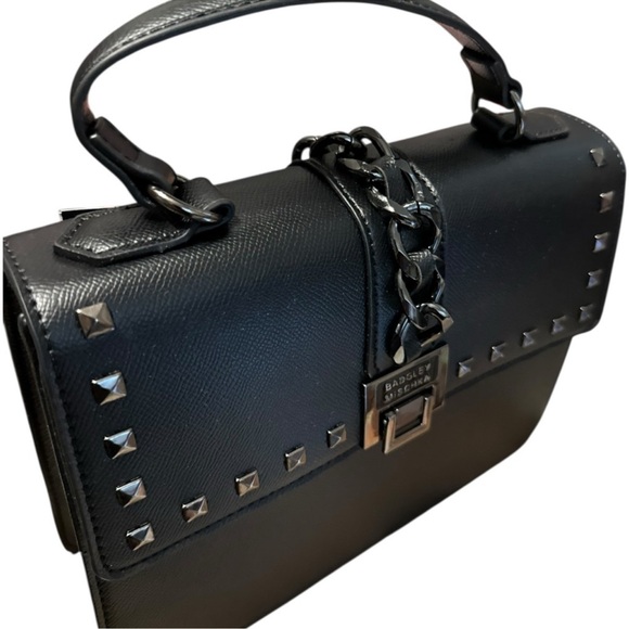 Badgley Mischka Black Dark Metal Studded Satchel Purse - Picture 6 of 14